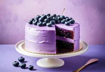 The purple cake takes a slice from it with blueberries on top