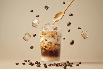 Iced coffee being poured over ice cubes and coffee beans, with a wooden spoon in mid-air against a beige background