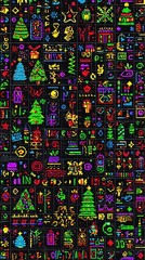 Naklejka premium Colorful assorted symbols scattered on a solid black background, ideal for creative and digital design use.