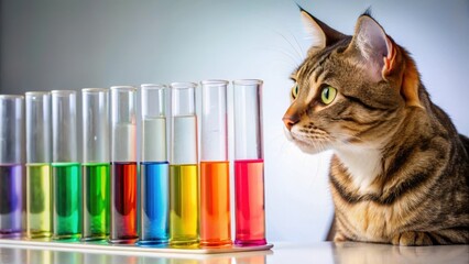 Curious feline gazing intently at a row of brightly colored test tubes filled with various vibrant liquids, sparking curiosity and interest in the viewer's mind , animal, scientific