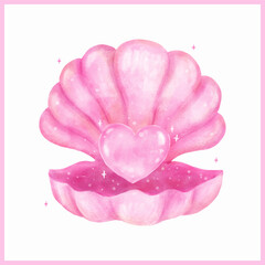 Vibrant Pink Open Clam Shell with Pearl Hearted shape Seashell Watercolor