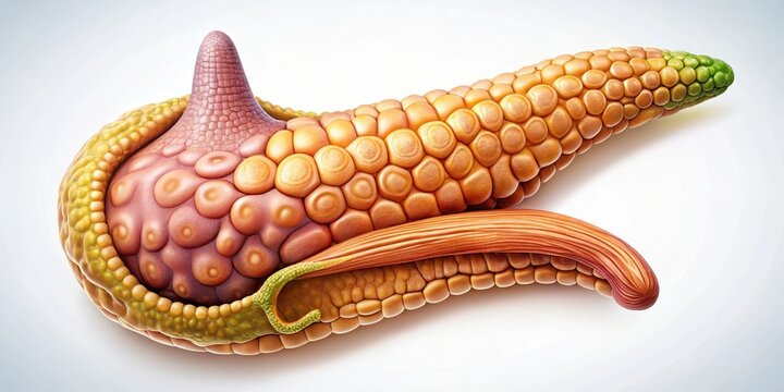Detailed image of a hyperrealistic pancreas with distinct lobulated structure and prominent digestive enzyme production , internal organ, hyperrealism