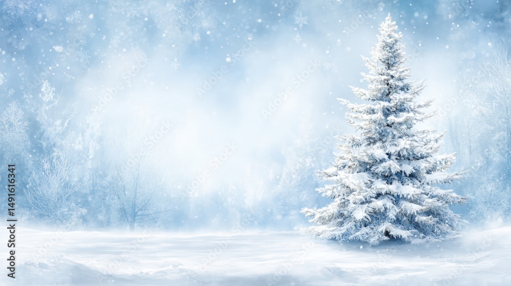 Wall mural snow-covered tree in foreground with dense snowy forest background under soft daylight.
