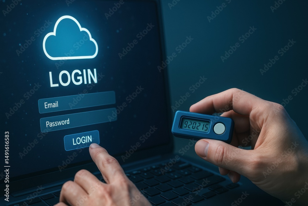 Poster secure online login with two-factor authentication and digital security measures