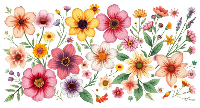 summer flower collection, botanical flower set, flower pack illustration, bright floral design, fantasy flower set, ornamental colorful flowers, pastel flower set, digital flower illustration, creativ