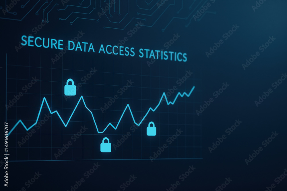 Poster secure data access statistics with graph and lock icons visualizing cybersecurity trends