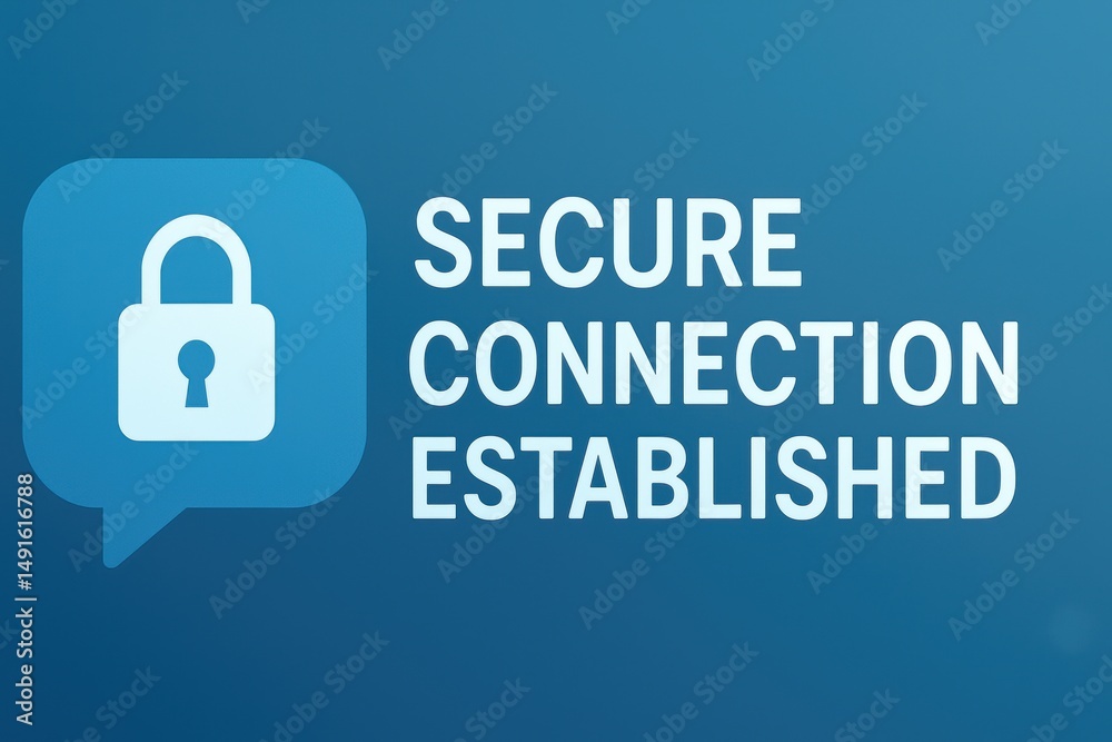 Poster secure connection established with padlock icon and blue background for digital security concepts