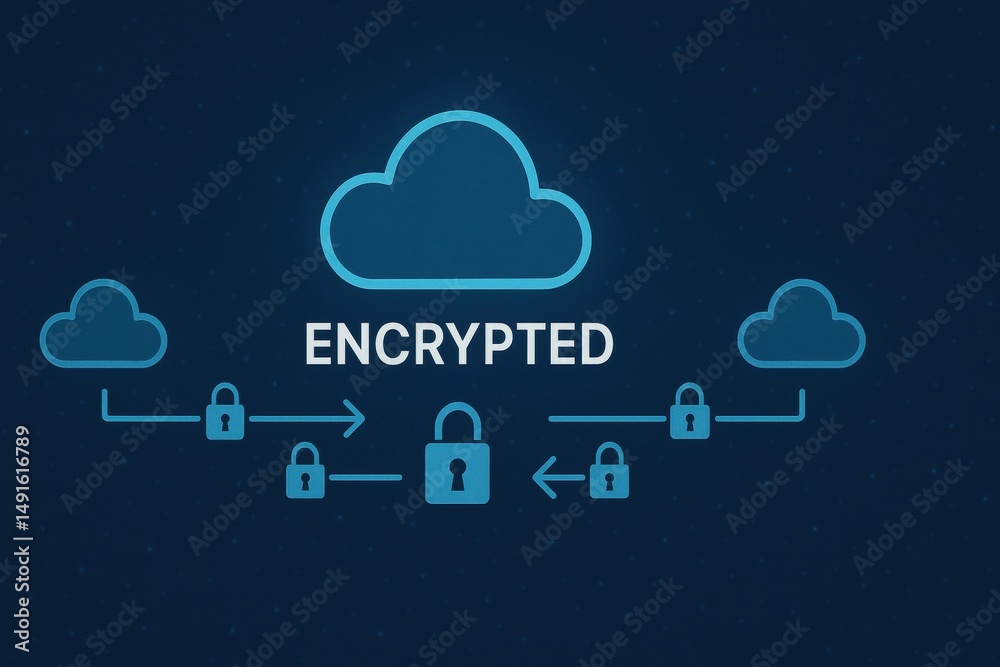 Poster cloud computing security concept with encrypted data transfer and lock icons in blue design