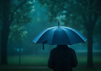 Person Walking in the Rain Under an Umbrella. Rainy Day, Green Park Scenery. Atmospheric, Moody, Nature.