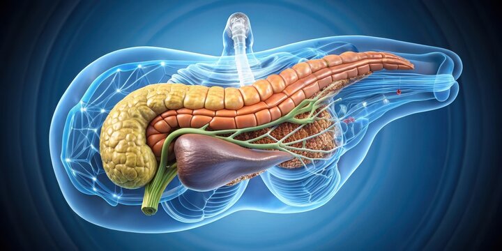 Detailed visualization of a hyperrealistic pancreas with lobulated structure and digestive enzyme production, anatomy, digestive system