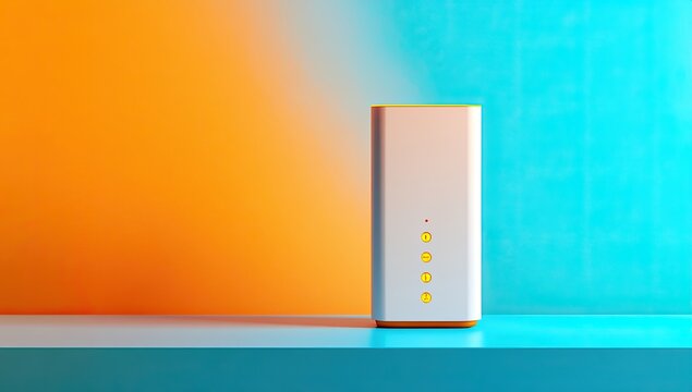 A white rectangular device with yellow accents sits on a teal shelf against an orange and blue gradient background.  Small indicator lights are visible