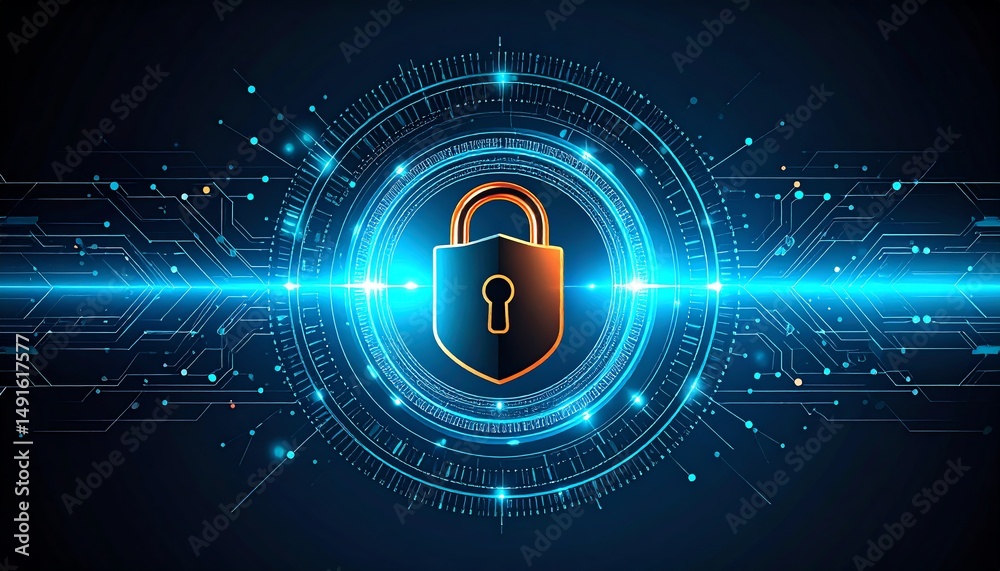 Poster a digital lock symbol surrounded by glowing lines and circuits, representing cybersecurity and data 