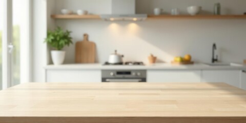 Fototapeta premium Light Wood Kitchen Tabletop with Blurred Background of Modern Kitchen