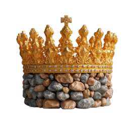 A golden crown rests atop a stone foundation, symbolizing power and permanence on a white background studio.