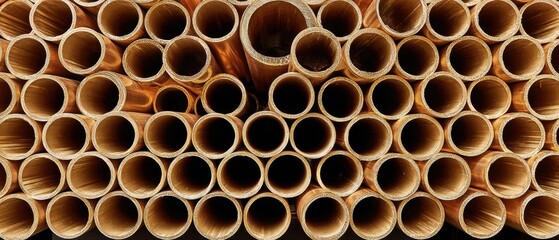 Stack of Copper Pipes in Warehouse Close Up Abstract Industrial Material Plumbing Supplies Construction Site