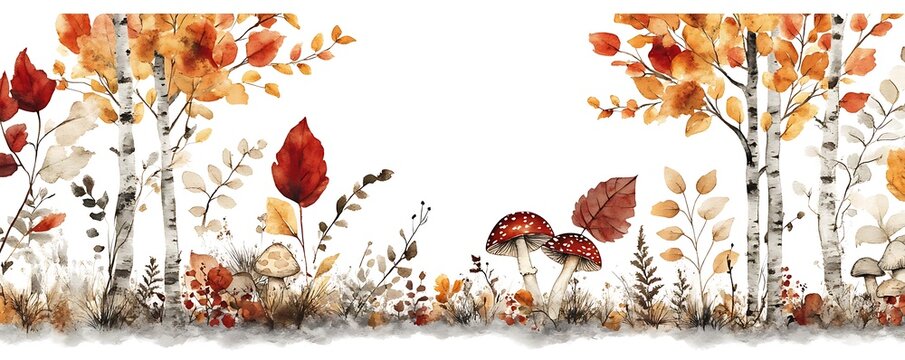 Autumn forest border; mushrooms, leaves