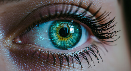 Emerald Eye: Digital Overlay, Close-Up Detail, Eyelashes, Futuristic Vision.