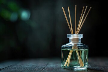 Reed diffuser with light-yellow liquid in a clear glass bottle, several light-brown reeds protruding, sitting on a dark wooden surface against a blurred green-and-black background