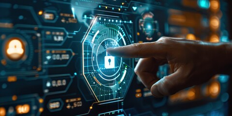 A hand touching a digital interface with a lock icon on a blue and green digital screen with a blurred background.