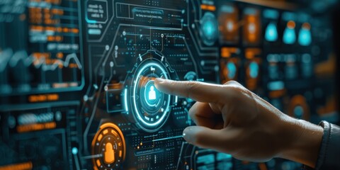 A hand interacting with a futuristic digital interface, pressing a button with a padlock icon on a dark blue and orange background.