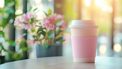 A light beige disposable coffee cup with a pink sleeve sits on a light wood table near a flowering plant, bathed in warm sunlight