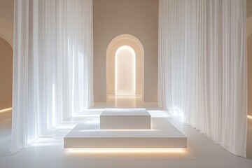 Minimalist interior with sheer curtains framing a backlit arched doorway and a two-tiered white platform, bathed in soft, diffused light
