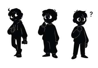 Fototapeta premium Cartoon silhouette. This image shows black cartoon boy outlines in various poses, some with question marks. Vector clipart illustration design.