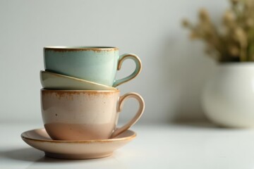 Stack of pastel-colored ceramic coffee cups and saucer on a white surface