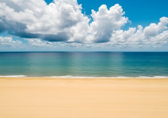 Obraz premium Serene Beach Scene Golden Sand, Turquoise Ocean, Fluffy Clouds, Bright Blue Sky - Tropical Paradise.