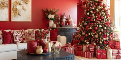 Modern living room decorated for Christmas with a lit tree and numerous wrapped presents at dusk.
