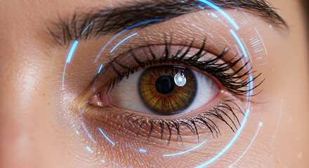 Eye Scan: Brown Iris with Digital Overlay, Biometric Security, Future Technology.