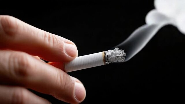 A hand holding a cigarette with a white tip and a black background