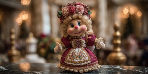 A small doll sits alone on a wooden table with soft natural light and a neutral background.