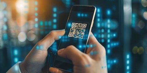 Hands holding a smartphone with a QR code on it, against a blurred cityscape background.