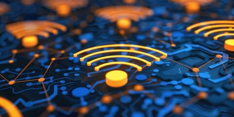 A futuristic circuit board with a Wi-Fi signal icon in the center, surrounded by various colored circles and lines, set against a dark blue background.