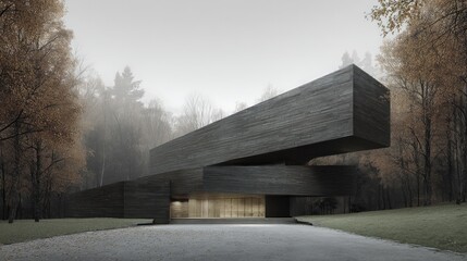 Modern minimalist house design blending with autumn forest nature.