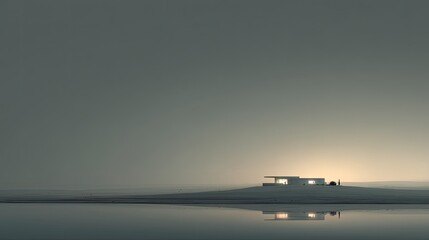 Minimalist House on Island with Reflection on Water, and Quiet Modern Living.