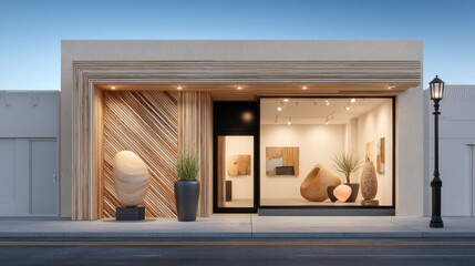Modern Art Gallery Facade Sculptures with Urban Design, Street View, and Evening.