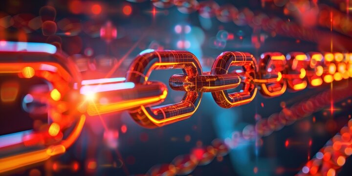 A glowing, metallic chain with numbers and symbols in a futuristic, digital setting. - Powered by Adobe