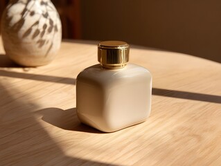 Smooth beige perfume container with brass cap exuding understated elegance for everyday scent sophistication enhancement