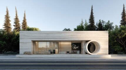 Modern Minimalist House with Circular Design Element.