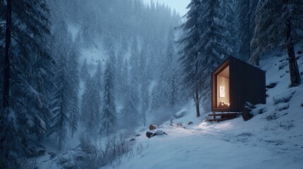 Winter Cabin Retreat Cozy solitude nestled in snowy mountain forest.