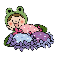 蛙の被り物をして紫陽花を見ている子供（女の子1）
