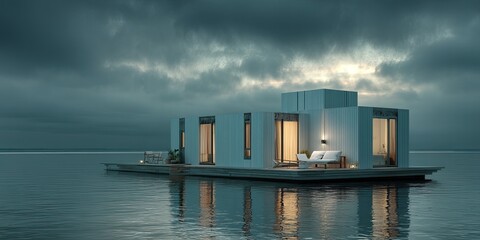Floating Retreat Modern House on Water Under Dramatic Skies.