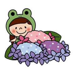 蛙の被り物をして紫陽花を見ている子供（女の子2）
