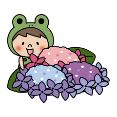 蛙の被り物をして紫陽花を見ている子供（男の子2）