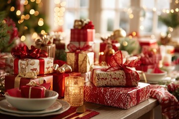 Close-up of a wooden table filled with colorful wrapped presents in a bright indoor setting.