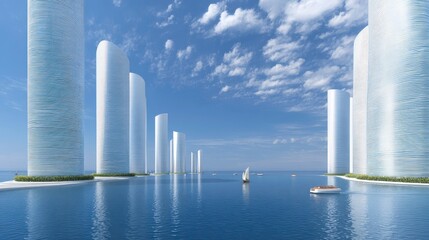 Futuristic Cityscape, Sustainable Architecture, Coastal Living with Modern Buildings