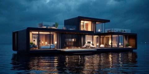 Floating Haven Modern house on the water at twilight Serene retreat.