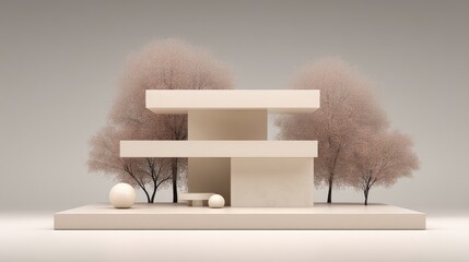 Modern display stand on a stage with fall trees in neutral pastel colors.